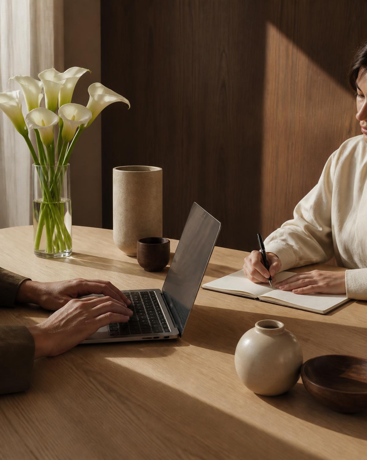 Two colleagues working together at a desk in warm daylight