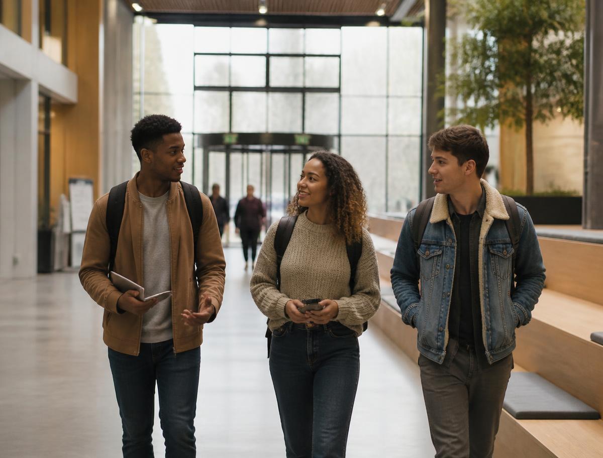 Young adults talking together in a bright, open study space