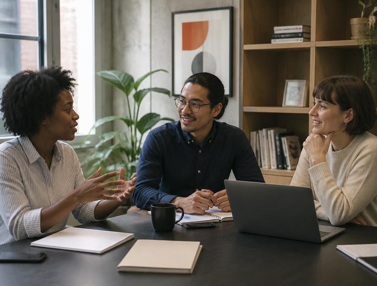 Colleagues in conversation around a table in a contemporary workplace
